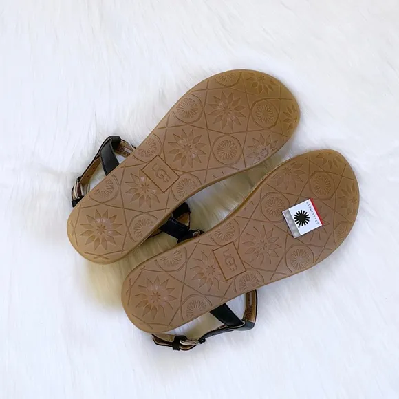 UGG Aleigh Black Leather Thong Strap Sandals