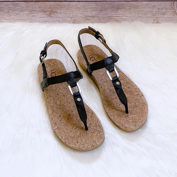 UGG Aleigh Black Leather Thong Strap Sandals