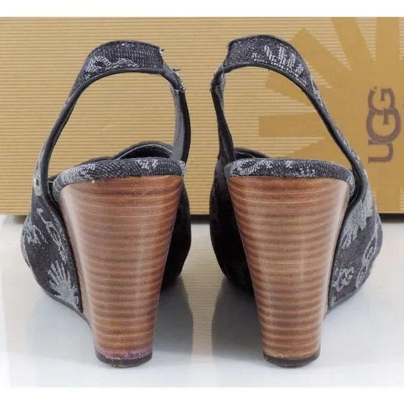 UGG Australia Hazel Denim Platform Wedge Slingback Sandals Black Size 8.5
