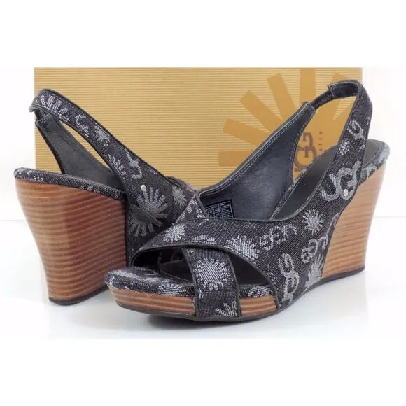 UGG Australia Hazel Denim Platform Wedge Slingback Sandals Black Size 8.5
