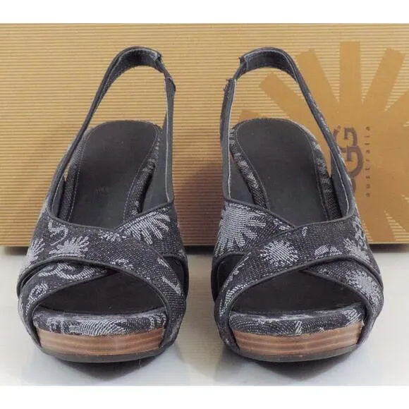 UGG Australia Hazel Denim Platform Wedge Slingback Sandals Black Size 8.5