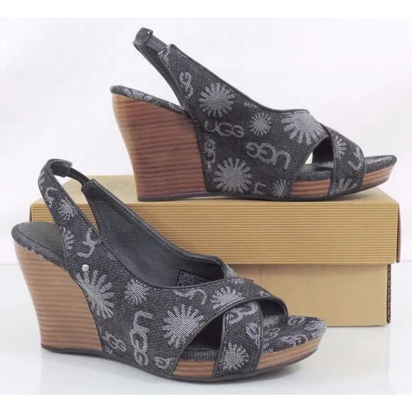 UGG Australia Hazel Denim Platform Wedge Slingback Sandals Black Size 8.5