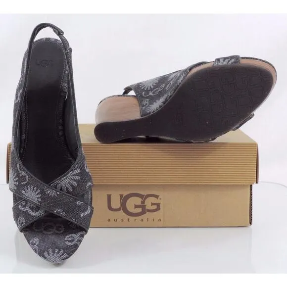UGG Australia Hazel Denim Platform Wedge Slingback Sandals Black Size 8.5