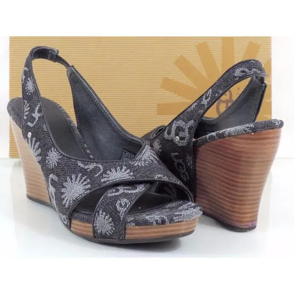 UGG Australia Hazel Denim Platform Wedge Slingback Sandals Black Size 8.5
