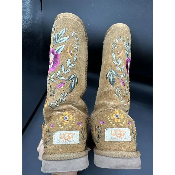 UGG Australia Womens 6 Tan Suede Floral Embroidered Juliette 10&quot; Boots Shearling