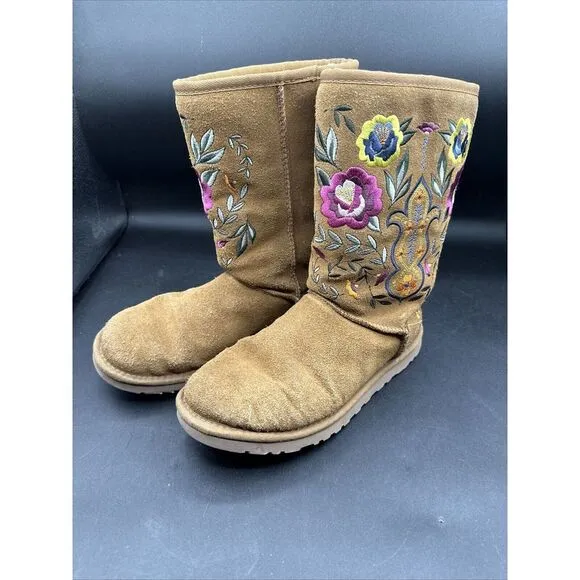 UGG Australia Womens 6 Tan Suede Floral Embroidered Juliette 10&quot; Boots Shearling