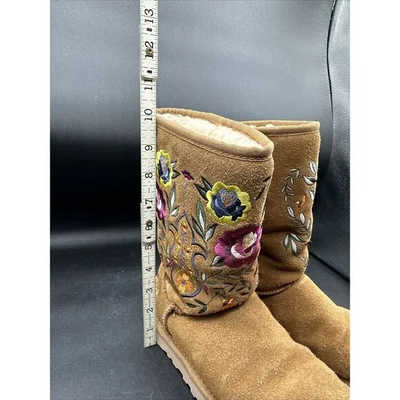 UGG Australia Womens 6 Tan Suede Floral Embroidered Juliette 10&quot; Boots Shearling
