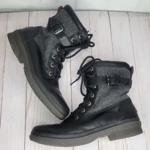 Ugg Black Leather Gray Fleece Lace up Ankle Boots