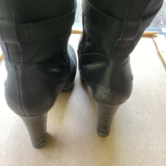 Ugg black leather heeled boots with strap detail, size 9