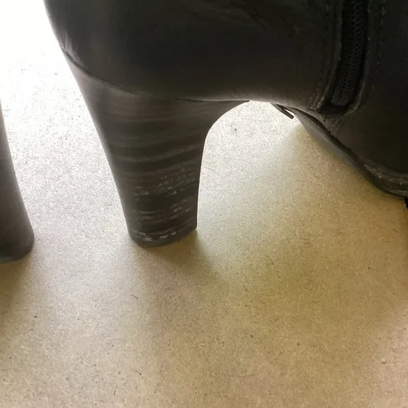 Ugg black leather heeled boots with strap detail, size 9