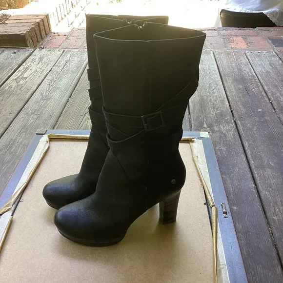 Ugg black leather heeled boots with strap detail, size 9