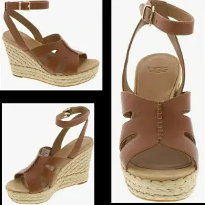 UGG Brown Leather Careena Women 10 Wedge Platform Retro Strappy Espadrilles