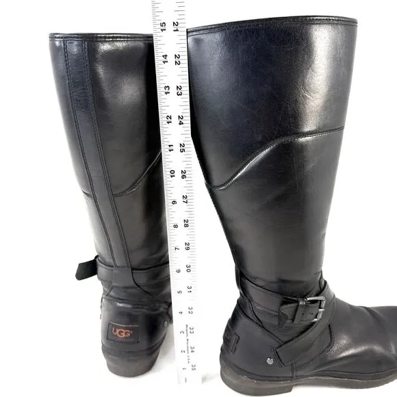 Ugg Evanna Boots Womens Size 8 Black Leather Tall Fleece Lined Full Zip 1012513