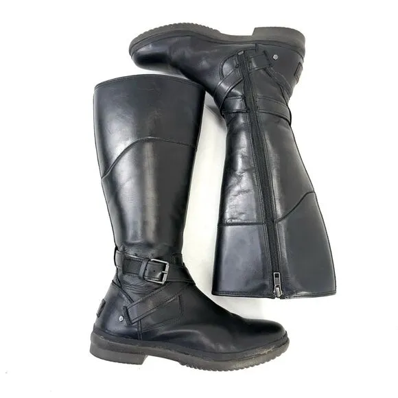 Ugg Evanna Boots Womens Size 8 Black Leather Tall Fleece Lined Full Zip 1012513