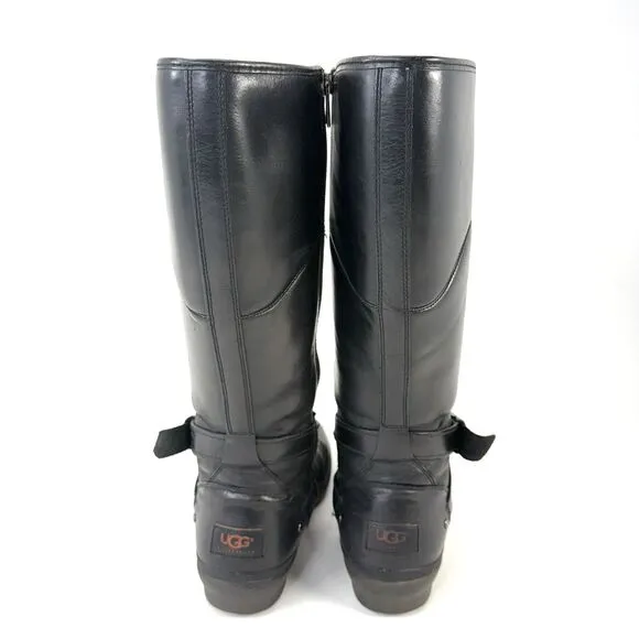 Ugg Evanna Boots Womens Size 8 Black Leather Tall Fleece Lined Full Zip 1012513