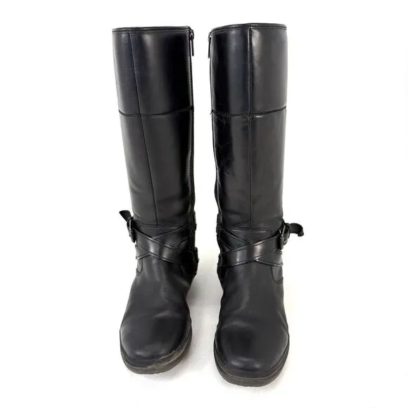 Ugg Evanna Boots Womens Size 8 Black Leather Tall Fleece Lined Full Zip 1012513