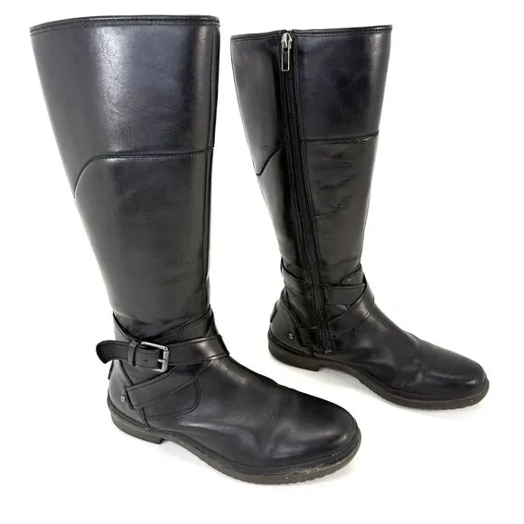 Ugg Evanna Boots Womens Size 8 Black Leather Tall Fleece Lined Full Zip 1012513