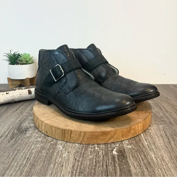 *UGG |  Graham Monk-Strap Buckle Boots in Black Distressed Leather Size 12.5