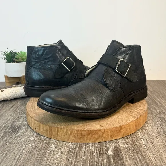 *UGG |  Graham Monk-Strap Buckle Boots in Black Distressed Leather Size 12.5