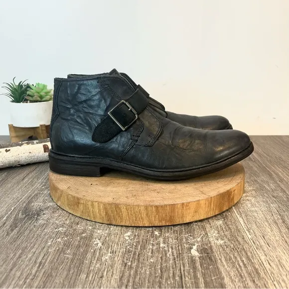 *UGG |  Graham Monk-Strap Buckle Boots in Black Distressed Leather Size 12.5