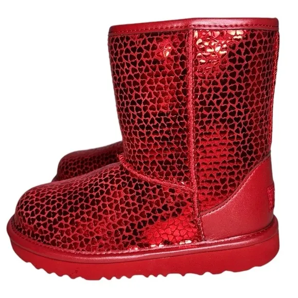 UGG Kids Classic II Gel Hearts Red Boots Little Girl Mid Calf Fleece Lined