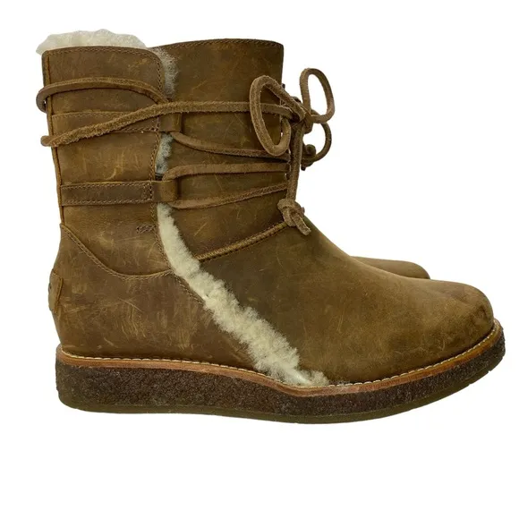 UGG Luisa Chocolate Brown Leather Lace Up Boots  Water-Resistant Size 5.5