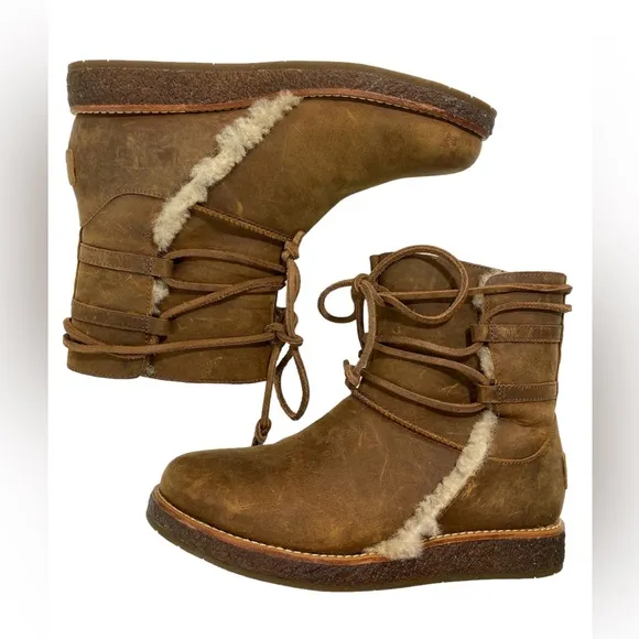 UGG Luisa Chocolate Brown Leather Lace Up Boots  Water-Resistant Size 5.5