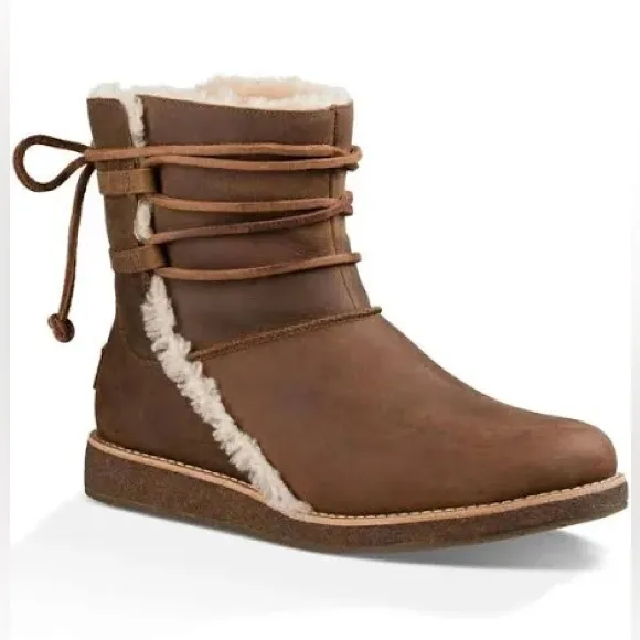 UGG Luisa Chocolate Brown Leather Lace Up Boots  Water-Resistant Size 5.5