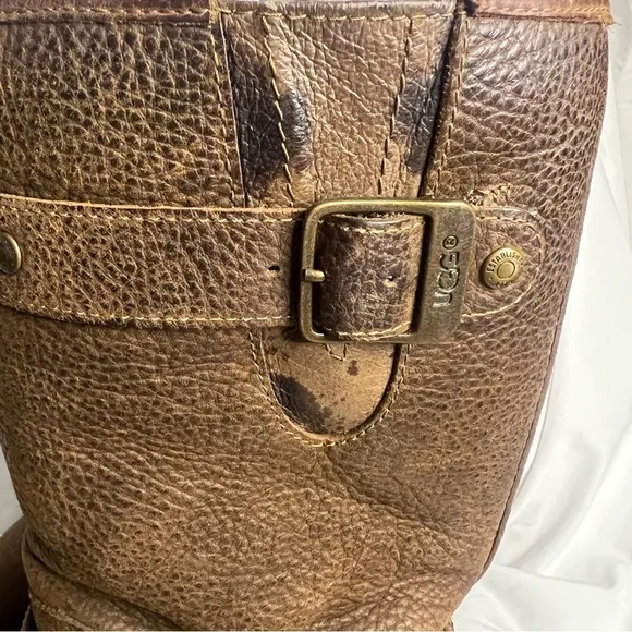 UGG Women's 8 Kensington Double Buckle Moto Boot Brown Leather Sherpa Lined
