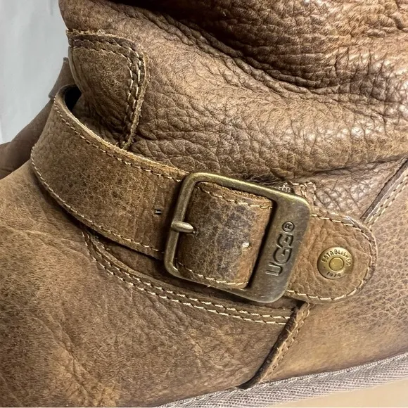 UGG Women's 8 Kensington Double Buckle Moto Boot Brown Leather Sherpa Lined