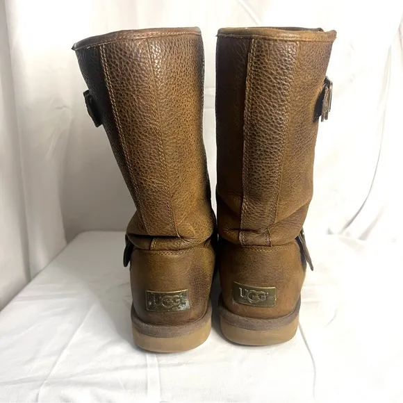 UGG Women's 8 Kensington Double Buckle Moto Boot Brown Leather Sherpa Lined