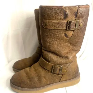UGG Women's 8 Kensington Double Buckle Moto Boot Brown Leather Sherpa Lined