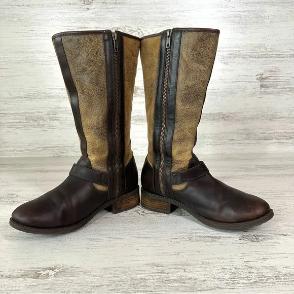 UGG Women’s Chancery Shearling Lined Knee High Leather Western Boots 8 Brown