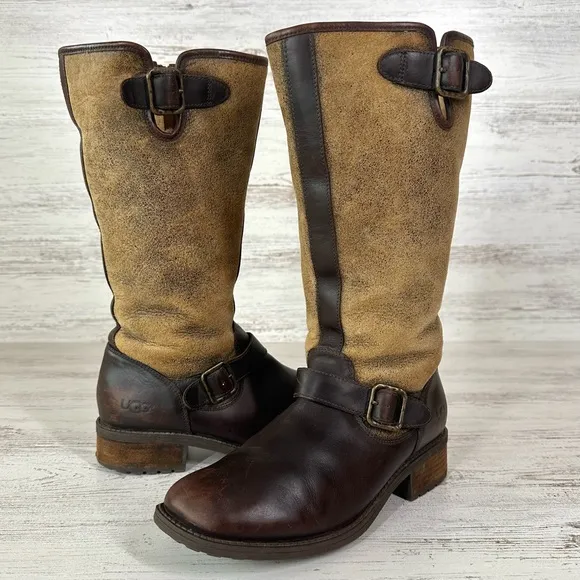 UGG Women’s Chancery Shearling Lined Knee High Leather Western Boots 8 Brown