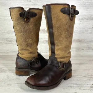 UGG Women’s Chancery Shearling Lined Knee High Leather Western Boots 8 Brown