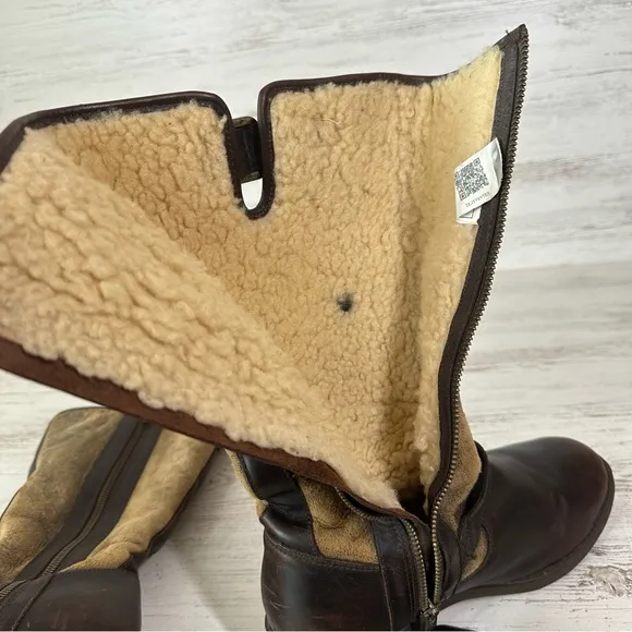 UGG Women’s Chancery Shearling Lined Knee High Leather Western Boots 8 Brown