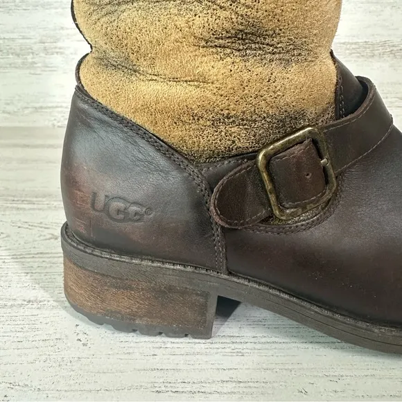 UGG Women’s Chancery Shearling Lined Knee High Leather Western Boots 8 Brown