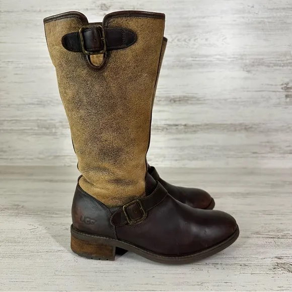 UGG Women’s Chancery Shearling Lined Knee High Leather Western Boots 8 Brown