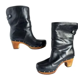 Ugg Womens Lynnea Black Leather Shearling Lined Clog Boots Size 6
