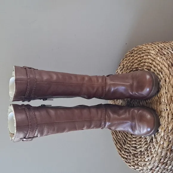 UGG Womens Maxene Brown Leather Sheepskin Lined‎ 3&quot; Wedge Tall Boots Zipper Sz.8