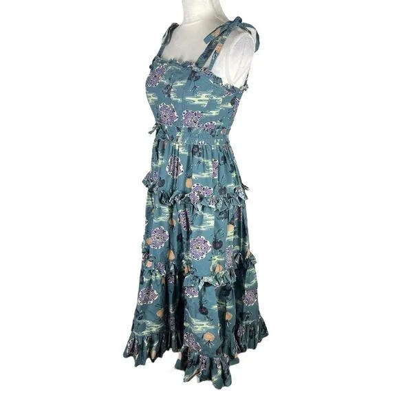 Ulla Johnson Lune Midi Dress River Green Poplin Tie Straps Side Pockets Size 0