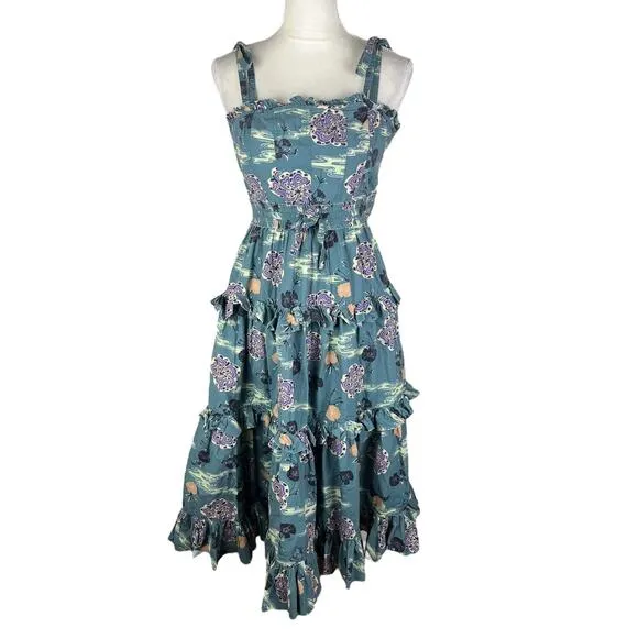 Ulla Johnson Lune Midi Dress River Green Poplin Tie Straps Side Pockets Size 0