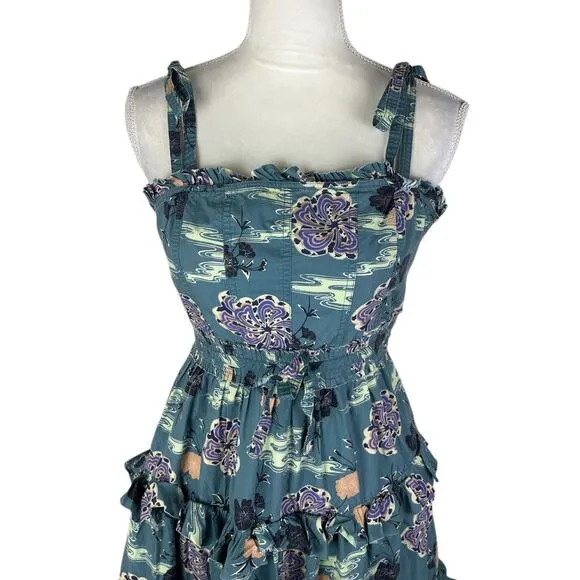 Ulla Johnson Lune Midi Dress River Green Poplin Tie Straps Side Pockets Size 0
