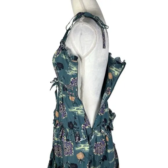 Ulla Johnson Lune Midi Dress River Green Poplin Tie Straps Side Pockets Size 0