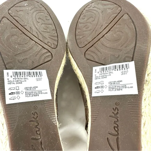 Unstructured Clarks Petrina Gail Espadrilles 8 Wedges Gold Metallic Leather New