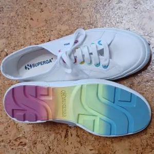 Urban Outfitters Superga White Sneakers With Rainbow Eyelets &amp; Soles