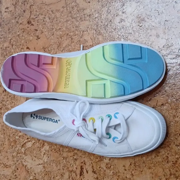 Urban Outfitters Superga White Sneakers With Rainbow Eyelets &amp; Soles