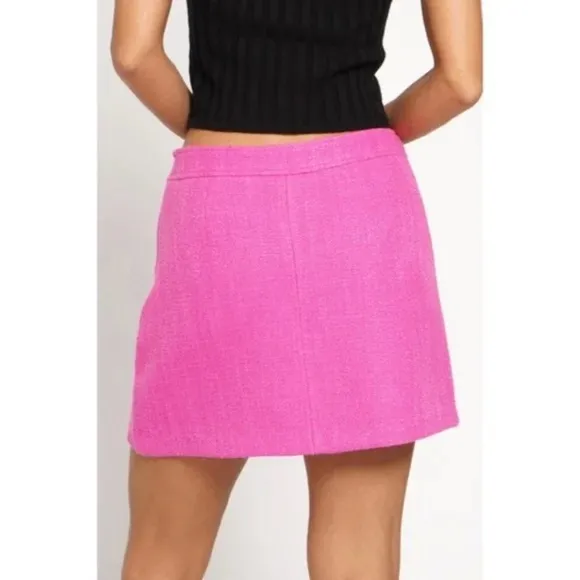 Valentines Day Hot Pink Tweed Faux Pocket Woven Button Mini Skirt