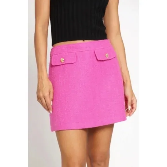 Valentines Day Hot Pink Tweed Faux Pocket Woven Button Mini Skirt
