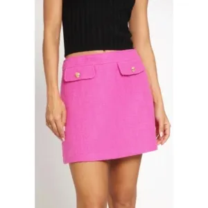 Valentines Day Hot Pink Tweed Faux Pocket Woven Button Mini Skirt